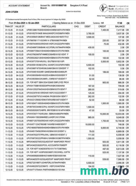India Bank Of Maharashtra wyciąg z konta Word i szablon PDF, 2 strony